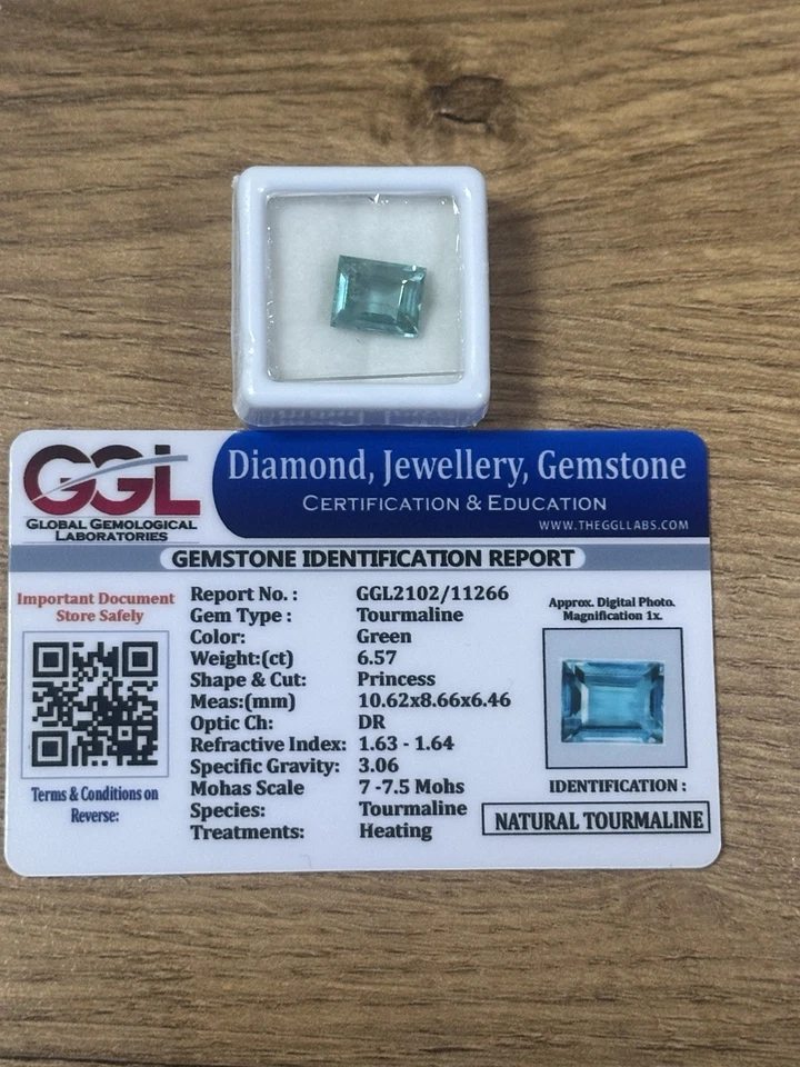 6,57 ct natürlicher grüner Turmalin mit GGL-Zertifikat – Princess Cut Edelstein - Bild 1 von 1