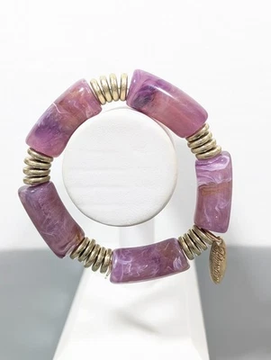 Plunder Purple Gold Tone Chunky Acrylic Bead Stretch Bangle Bracelet Boho 7 in - Image 1 of 4