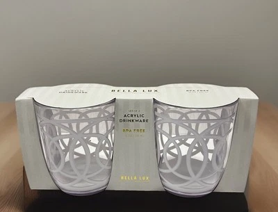 2 pc. Bella Lux Acrylic Drink-Wear Clear w/ Modern White Scroll Design 18 oz NIB - Image 1 of 4