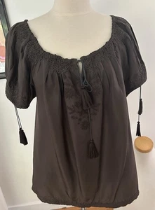 Joie Vntg. silk taffeta embroided  chocolate brown , green tassels peasant top - Picture 1 of 19