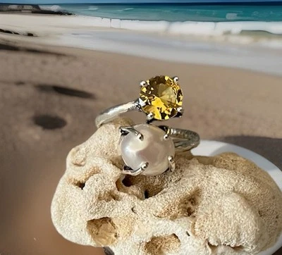 Anillo de perlas y cristal citrino tamaño 7,5 - Chapado en plata de ley 925 - Nuevo Foto 1 de 4