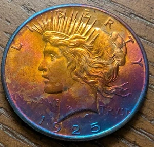 1925 Silver Peace Dollar Uncirculated BU "RAINBOW TONED" SOLID BU. LOOK! - Picture 1 of 4