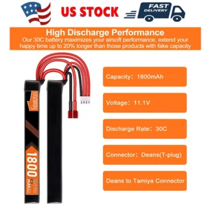 11.1V 3S 1800mAh 30C Airsoft Lipo Battery Nunchuck T Plug to Mini Tamiya Cable - Picture 1 of 8