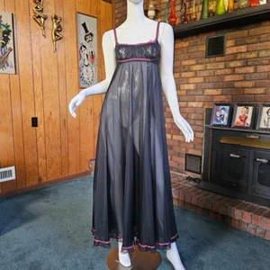 Vtg 60s Olga Full Sweep Sheer Nylon Nightgown Shelf Bust Peignoir Maxi Gown S/M - Picture 1 of 10