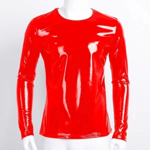 Men Slim Faux Patent Leather Tops Shirts Blouse PVC Shiny Wet Look Coat Top - Picture 1 of 9
