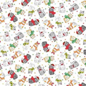 Feline Drive Fabric SANTA PAWS Cat Scatter White Christmas Sold by the Yard - Picture 1 of 6