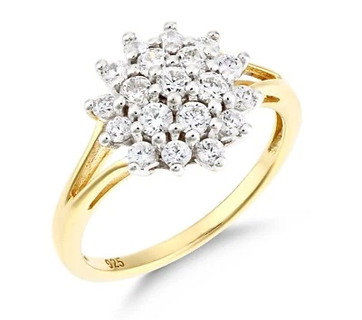 9ct Yellow Gold on Silver 1.00ct Simulated Diamond Cluster Ring size J to V - Image 1 of 4