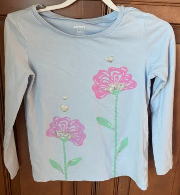 Carter's Top Girl's 6/6X Blue Flowers Hearts Glitter Long sleeve EUC 100% Cotton - Image 1 of 4