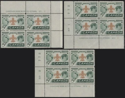 Canada 1955 #356 5c Boy Scouts, UR,LL #1 & LL #2 plate blocks MNHx2,MHx1 - Image 1 of 4