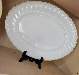 Vintage Fire King Milk Glass Oval Serving Platter with Gold Trim - Picture 1 of 4