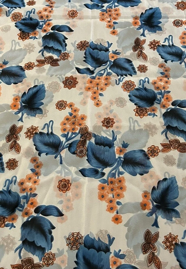 Tela de poliéster floral vintage de gasa azul naranja blanco W44”x1ydplus ENCANTADORA Foto 1 de 4