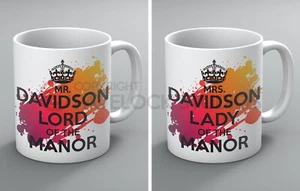 Mr & Mrs Mug Set Mugs Name Lord Lady Manor Mum Dad Husband Wife Him Her Gift - Picture 1 of 8