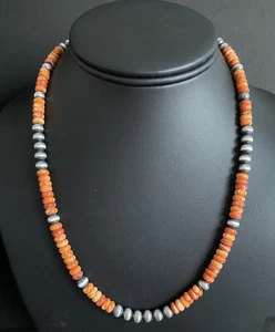 Sterling Silver Orange Spiny Oyster W Pearls Bead Necklace. 22 inch - Picture 1 of 12