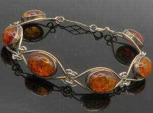 925 Sterling Silver - Vintage Cabochon Cut Amber Chain Bracelet - BT5873