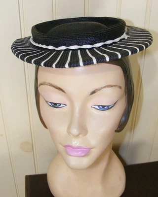 1940S CHAPÉU PRATO PANQUECA VINTAGE LISTRADO PRETO E BRANCO PALHA SIMPSON'S CANADÁ - Imagem 1 de 4