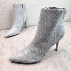 Formal Ankle Boots 9 Gray Croc Embossed Stiletto Heel Pointed Toe Glam Booties - Picture 1 of 11