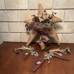Primitive Decor Wood  Hearts Strung Banner Star On Spring Country Cottage Look - Picture 1 of 6