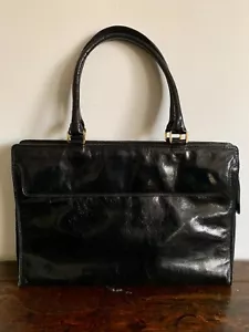 PLINIO VISONÀ Handbag, Glazed Black Leather, Top Double Handles, Made in Italy - Picture 1 of 13