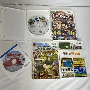 Lot 5 Wii Games Wipeout, Carnival Games, Shrek, Wii Play, Sims 3 - Picture 1 of 3