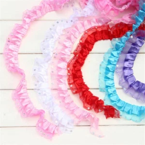 Multicolor Gathered Pleated Edge Ruffle Satin Ribbon Lace Trims Tape Fabric - Picture 1 of 16