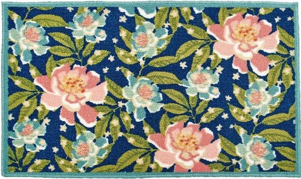 Alfombra de nailon de cocina estampada (antideslizante)(17"x28") FLORES ROSAS Y AZULES EN AZUL MARINO, SIN RESERVA Foto 1 de 1