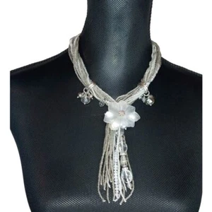White & Clear Frosted Glass Flower Multi-Strand Beaded Choker Necklace - Picture 1 of 5