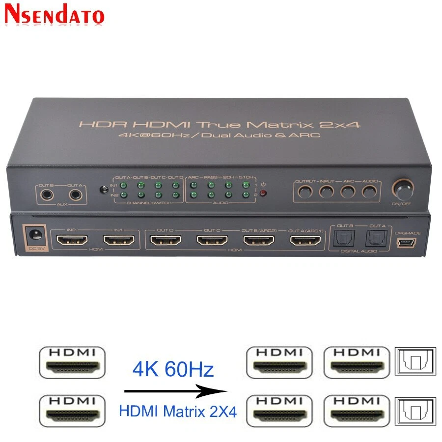 HDMI Matrix 4K 2x4 Splitter Audio 60Hz Control AUX Video Switcher Remote ARC New - Image 1 of 4