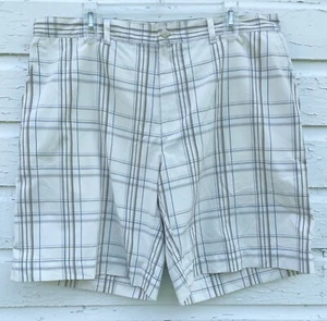 PGA Tour Golf Shorts Mens 38 Ivory Blue Plaid Bermuda 9 inch Comfort Band - Picture 1 of 5
