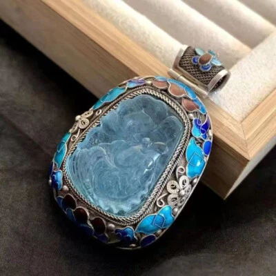 Collar colgante para mujer plata de ley azul aguamarina piedras preciosas joyería grande Foto 1 de 4