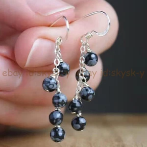 Black Snowflake Obsidian Jasper Gemstone Round Beads Dangle Silver Hook Earrings - Picture 1 of 8