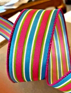 Cabana Stripe 1.5" by 5 yd Wired Ribbon Easter Summer Teal Lime Fuchsia Pink - Picture 1 of 7