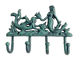 Mermaids Wall Hook Rack Cast Iron Nautical Key Towel Coat Hanger 8.5" W Sea Gift - Picture 1 of 4