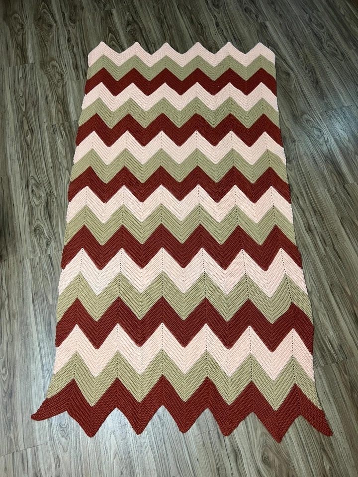 Handmade Crochet Afghan Blanket Throw Chevron Ripple Striped Pink Sage Rust - Image 1 of 4