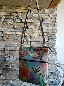 Anna Anuschka Bolso Bandolera de Cuero Pintado a Mano Cartera Flor Mariposa - Imagen 1 de 11