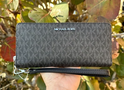 Michael Kors Jet Set Travel Large Continental Wallet Wristlet MK Signature Black - image 1 of 4