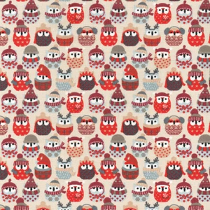 Textiles français Winter Owls fabric Winter Reds, Taupes & Grey on Latte - Picture 1 of 1