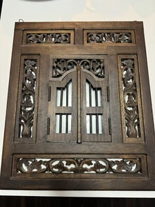 Vintage Asian Balinese Carved Teak Wood Wall Mirror Window Shutter Doors Boho - Picture 1 of 7
