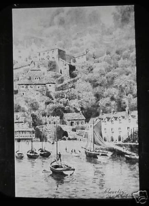 Glas Magic Laterne Dia CLOVELLY HARBOUR UM 1920 DEVON ENGLAND  - Bild 1 von 2