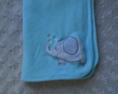 Just Born Elephant Baby Blanket Aqua Blue Gray Star Thermal Waffle Weave Lovey - Image 1 of 4