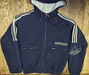 ADIDAS VTG 90s Youth Jacket Navy Trefoil Full Zip Hood Stripes Insulated LG - Picture 1 of 11