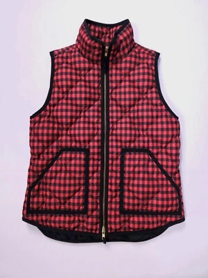 Chaleco acolchado J.Crew Down Puffer para mujer S negro rojo estampado de guinga cremallera completa Foto 1 de 4
