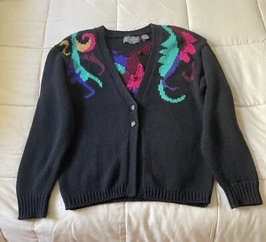 Vintage Jimmy Garcia Hand Loomed Cardigan Pullover Abstrakt Schwarz Gr. M - Bild 1 von 8