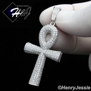MEN SOLID 925 STERLING SILVER ICY BLING CZ 3D ANKH KEY CROSS PENDANT*SP131 - Picture 1 of 4