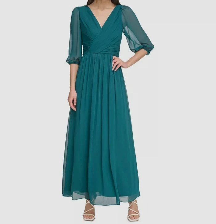 DKNY Women's Green Chiffon V-Neck Balloon-Sleeve Faux Wrap Maxi Dress Size 2
