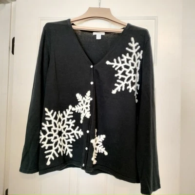 Cárdigan Suéter Vintage Mercer Street Studio Negro 3D Copos de Nieve XL  Foto 1 de 4