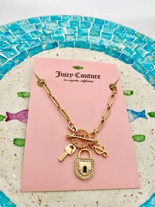 Juicy Couture Gold Plated Rhinestone Padlock Key & "J" Charm Adjustable Necklace - Picture 1 of 4