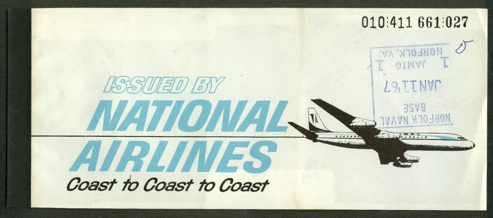 Billete de aerolínea National Airlines volado Norfolk-DC-BDL y regreso 1967 Foto 1 de 1