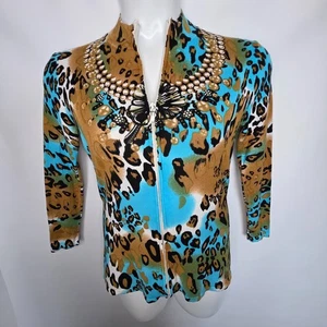 Kaily K Damen Large Jacke Oberteil Reißverschluss vorne türkis braun Leopard Animal Print - Bild 1 von 14