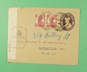 DR WHO 1945 INDIA UPRATED STATIONERY WWII CENSORED ALLEPPEY TO USA R03594 - Picture 1 of 2