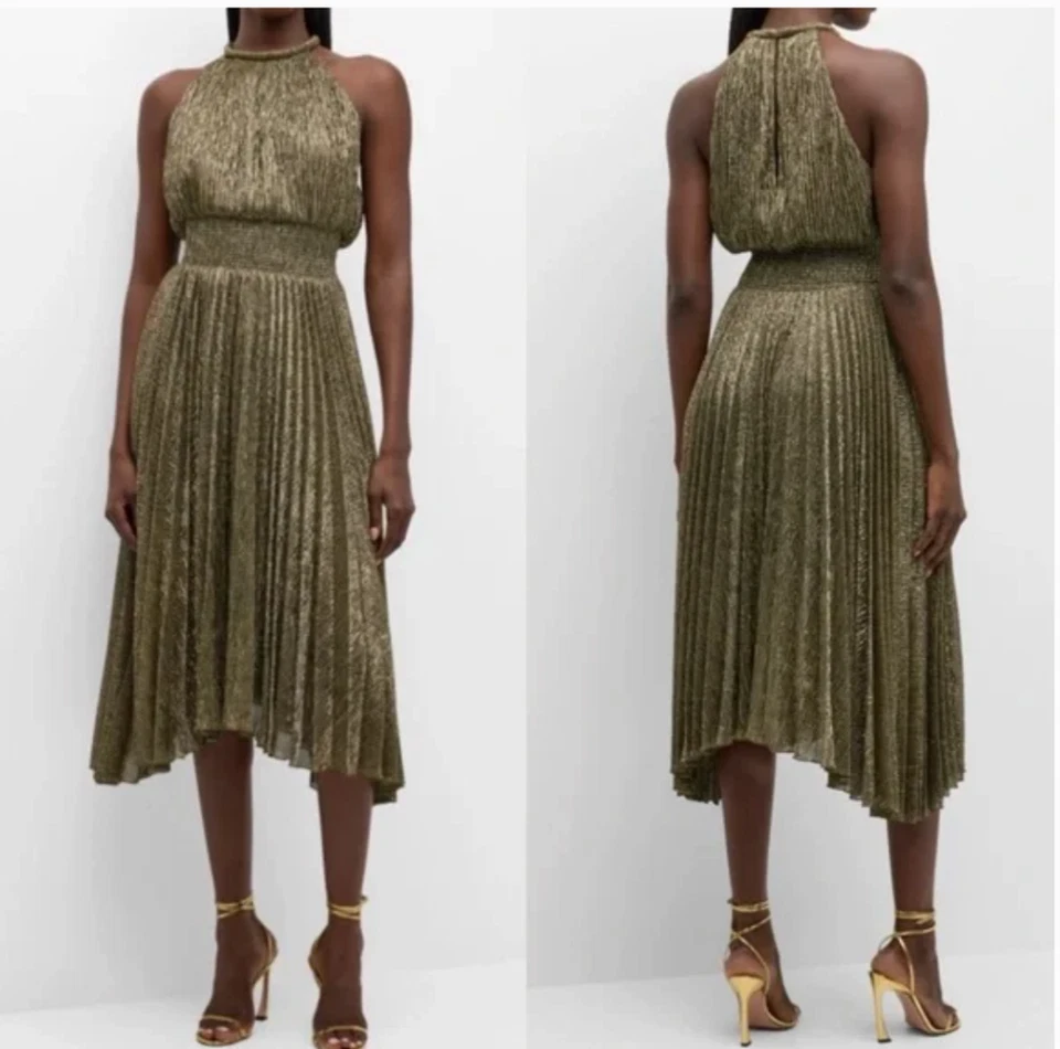 A.L.C. Vestido midi plisado metálico Renzo II dorado antiguo 6 nuevo con etiquetas $495 Foto 1 de 1